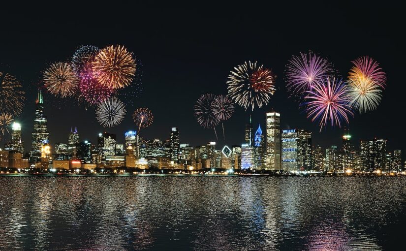 skyline buildings under fireworks display